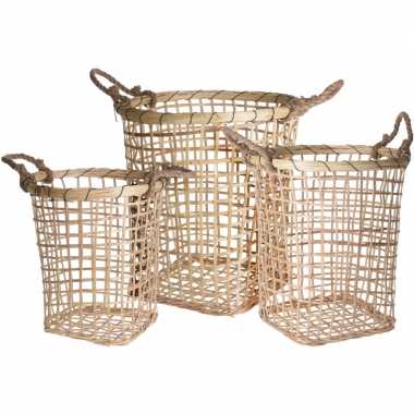 3x houten/picknick manden met touw handvaten
